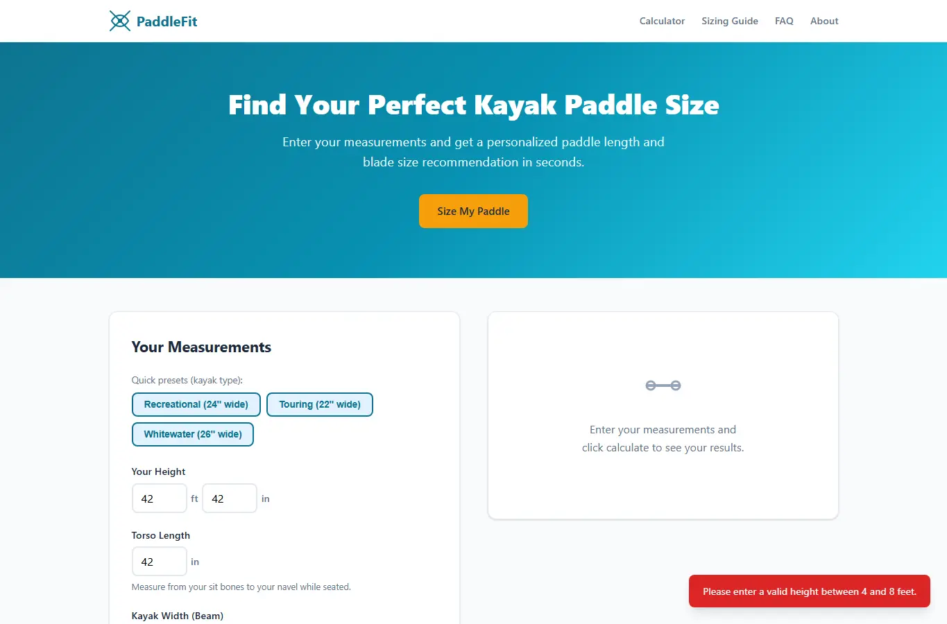 Screenshot of Kayak Paddle Sizing Guide interface showing the project page in use